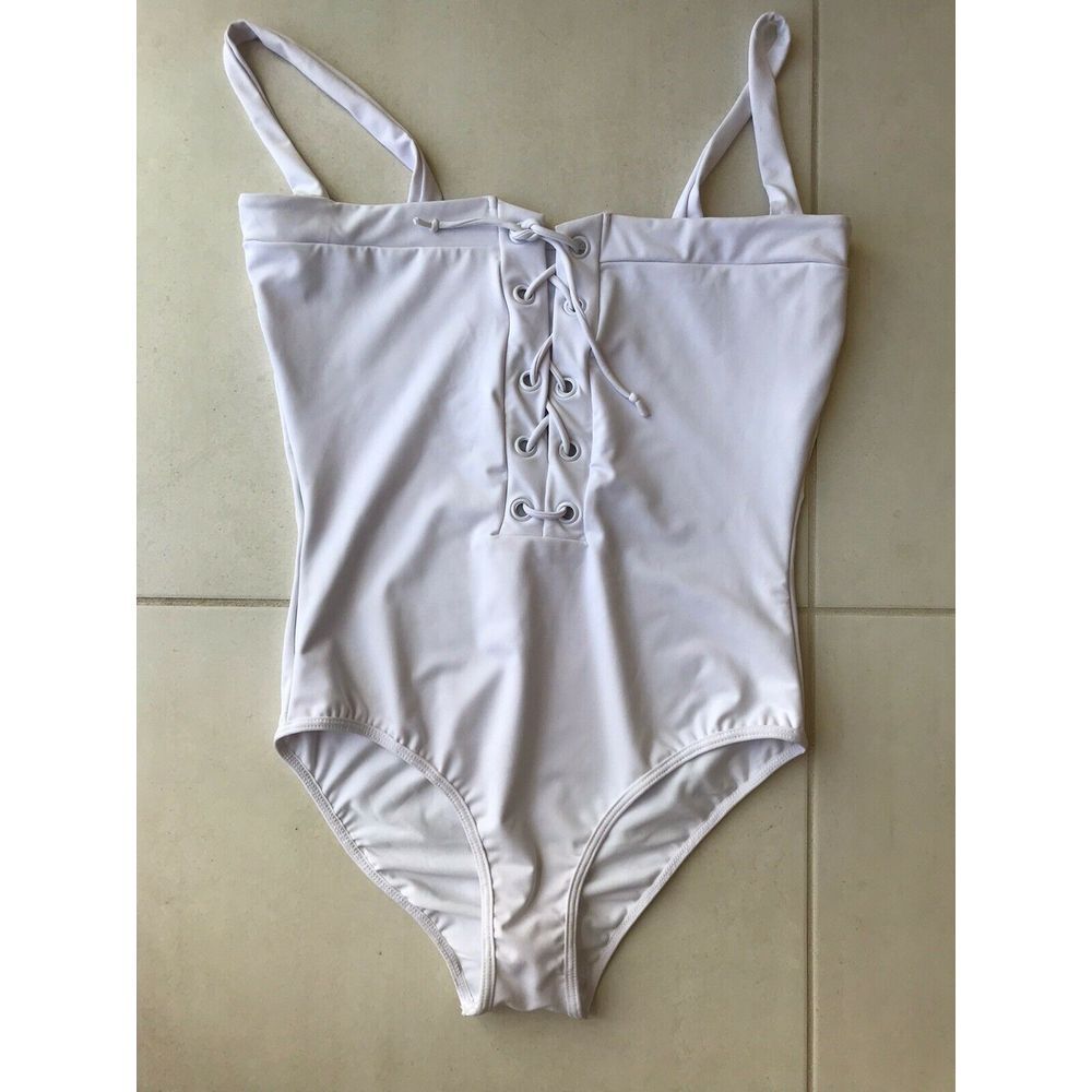 C Apparel One Piece Swimsuit Lace Up‎ Retro White
